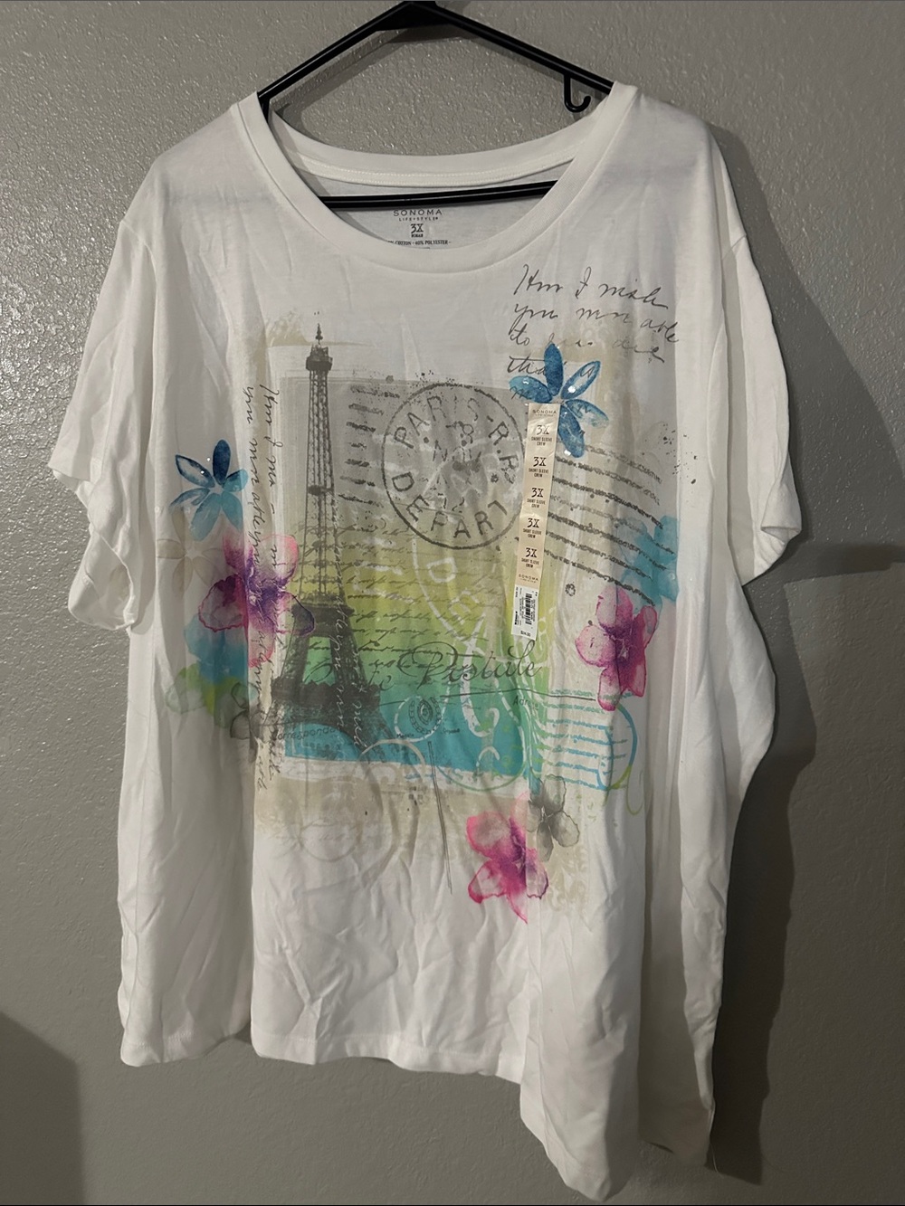 Sonoma White Tee with Eiffel Tower and Multicolor Floral Print